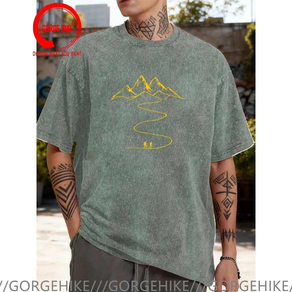 Vintage Washed Cotton T-Shirt Funny Designer Mountains Path Hiking Trail Curves T Shirt Men Fashion Trendy Casual Clothing Styli