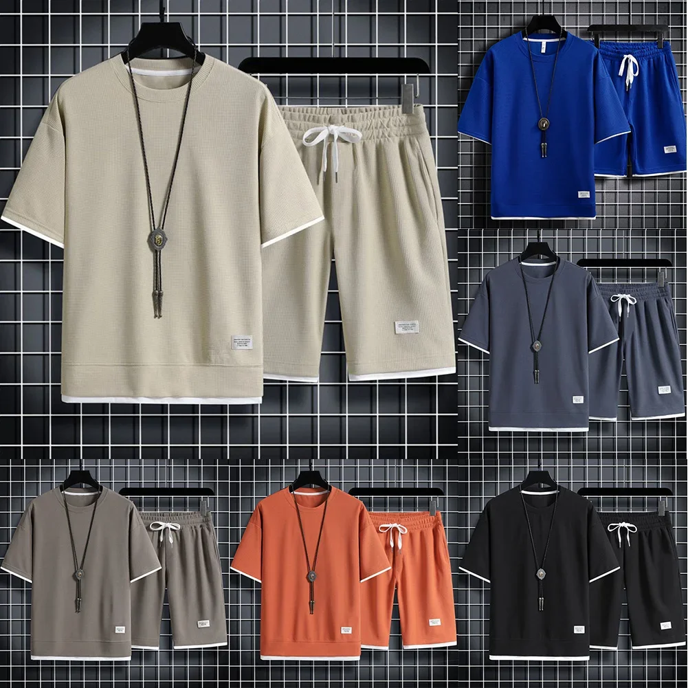 New Men's Korean Loose Waffle Sets Casual Short Sleeved T-Shirt Round Neck Male Sports Suit Simple Drawstring Pants Mens Tops