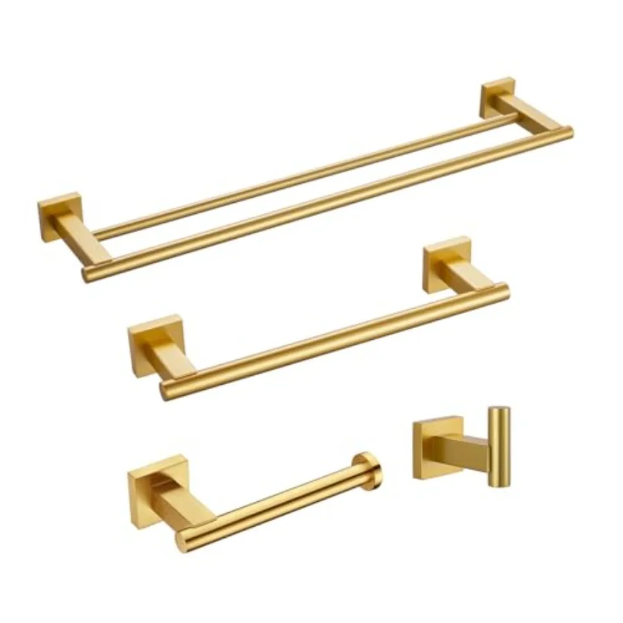 

4-Pieces Gold Bathroom Accessories Set Bath Hardware Kit - Includes Double Towel Bar Hand Towel Rack Toilet Paper Holder Robe H