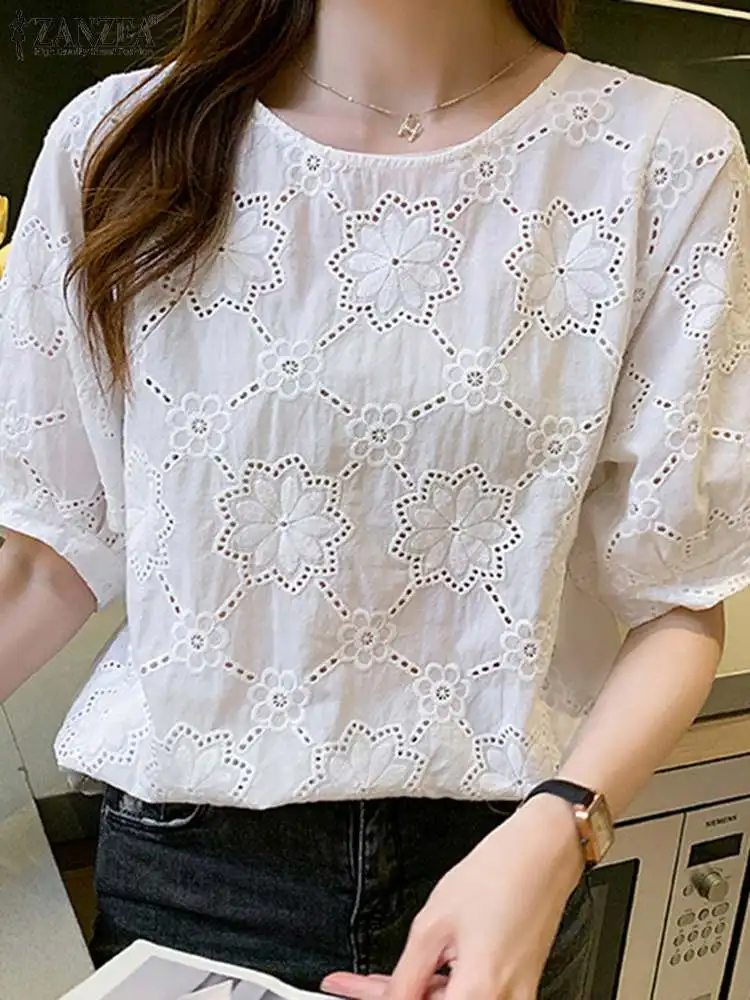 ZANZEA Hollow Out Lace O Neck Blosue Summer Casual Loose Elegant Solid Color Blusas Holiday Short Puff Sleeve Commute Women Tops