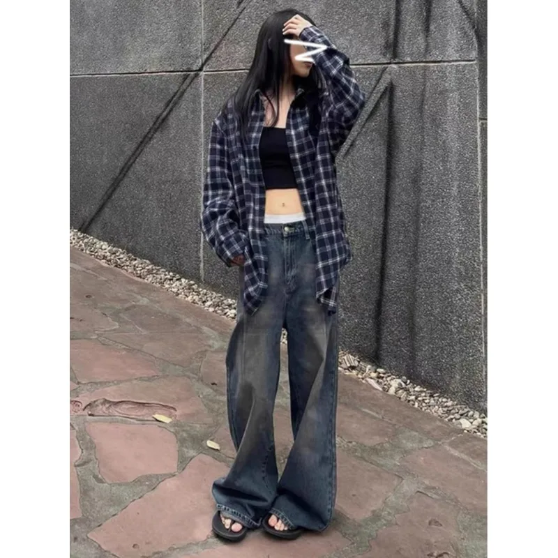 QWEEK Vintage Oversized Plaid Shirt Woman Streetwear Casual Long Sleeve Blouse Korean Style Youthful Harajuku Autumn Clothes