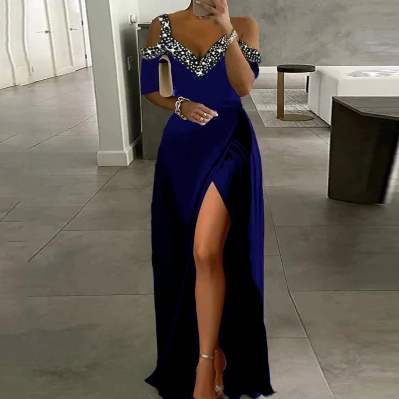 Women V Neck Off Shoulder Long Dress Summer Hollow Out Glitter Patchwork Party Dress Elegant High Waist Split Slim Evening Dress