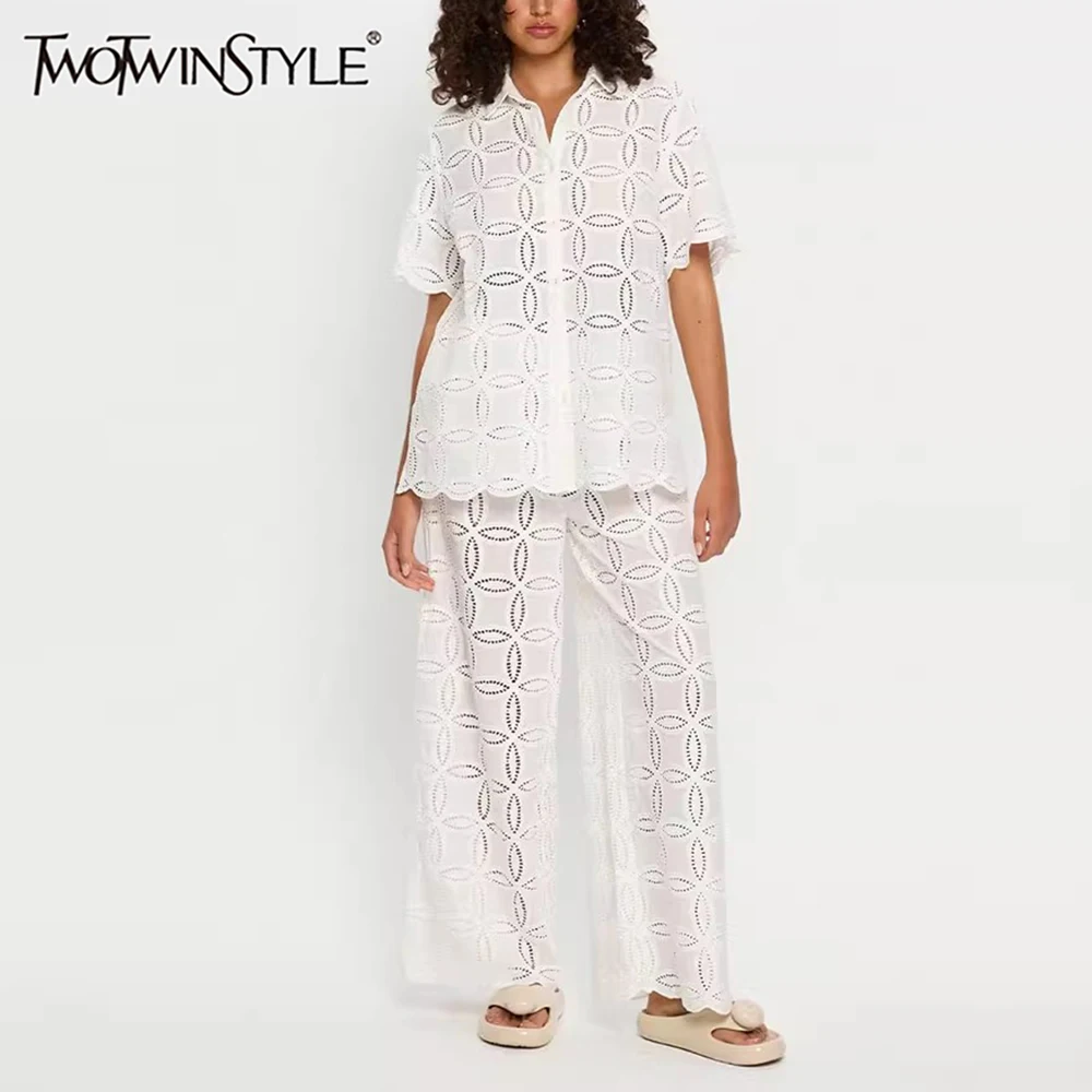 

TWOTWINSTYLE Solid Hollow Out Two Piece Set for Women Lapel Short Sleeve Top High Waist Pant Sets Female Fashion New