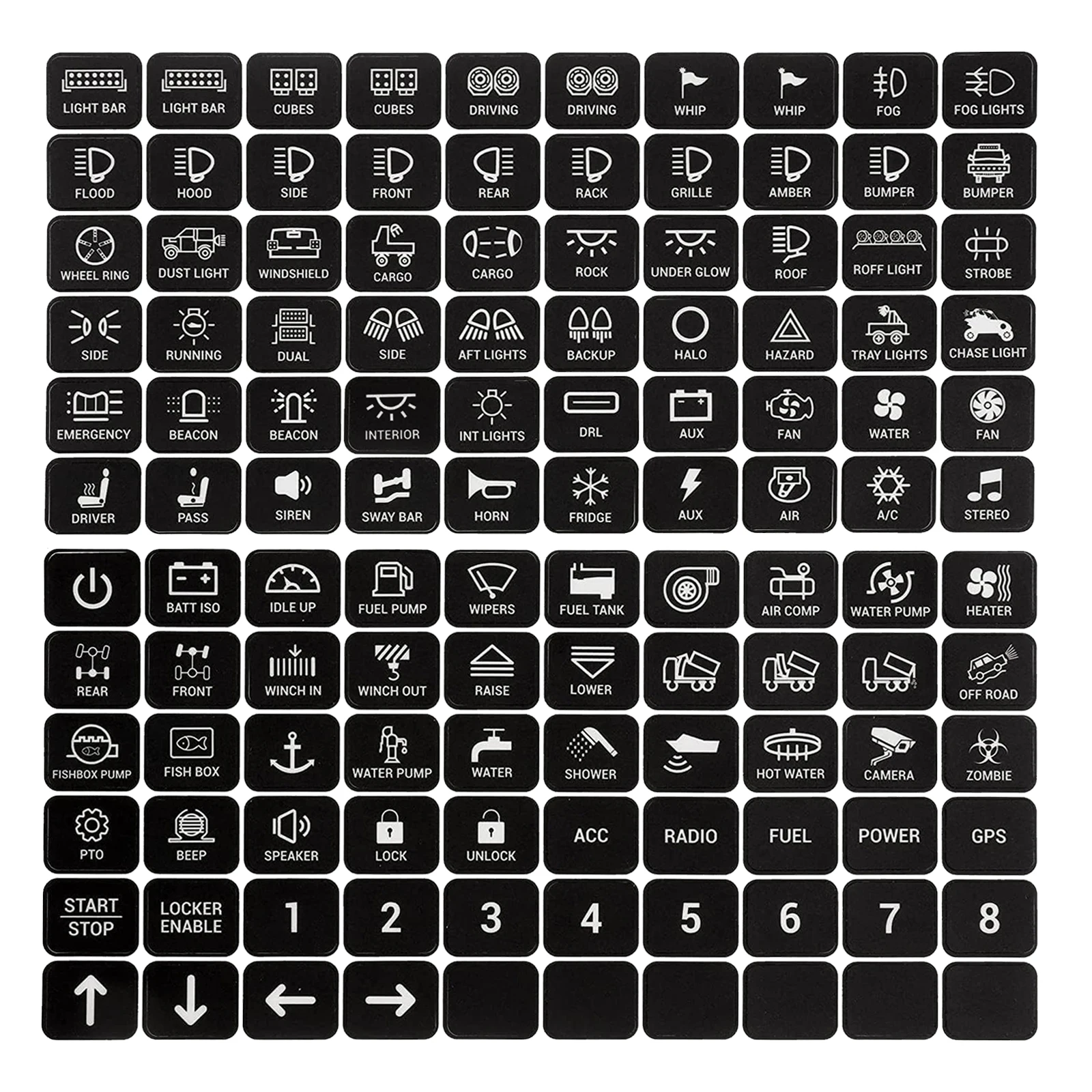 4WD RV Marine Switch Stickers Black Icons 120 Labels Waterproof for Car Boat Camper Van Automatic Dimmable Touch Panel Decals