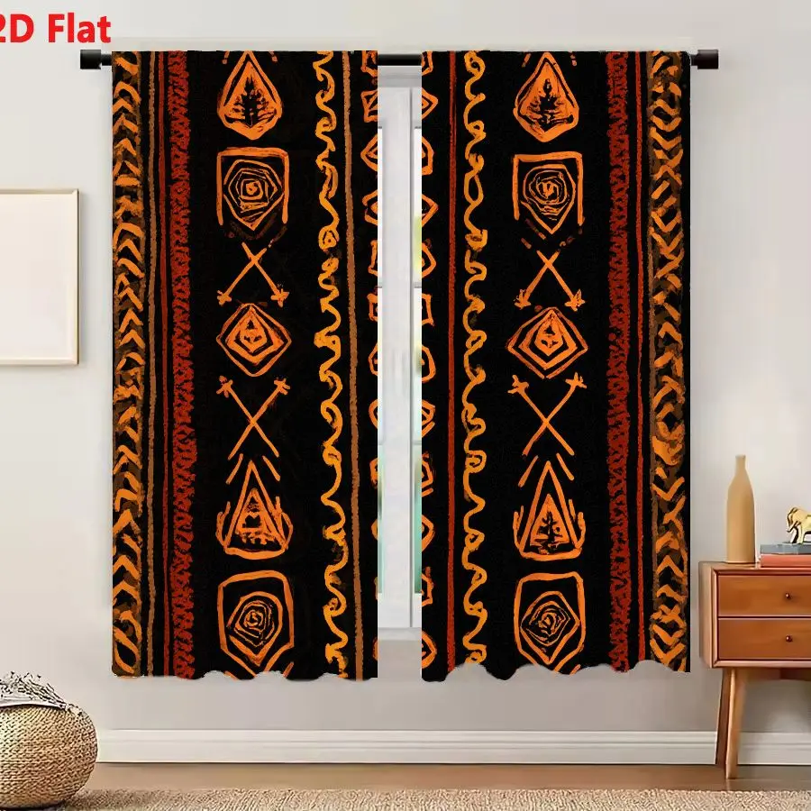 2Pcs Curtains 2D Flat Ancient Tribal Vertical Pattern With Chevron Borders And Symbolic Columns On Black Background Window Drape