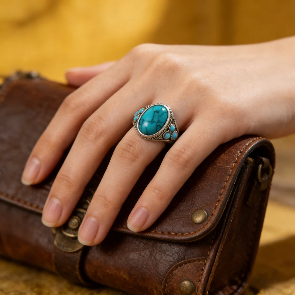 A New Creative Turquoise Ring Alloy Silver Plated Old Women\'s European and American Engagement Gift Ring