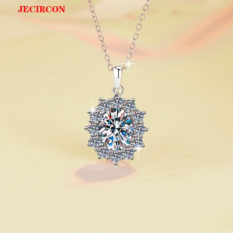 

JECIRCON 3CT Oval Moissanite Pendant Necklace S925 Sterling Silver Women's Snowflake Cluster Clavicle Chain Trendy Jewelry Gift