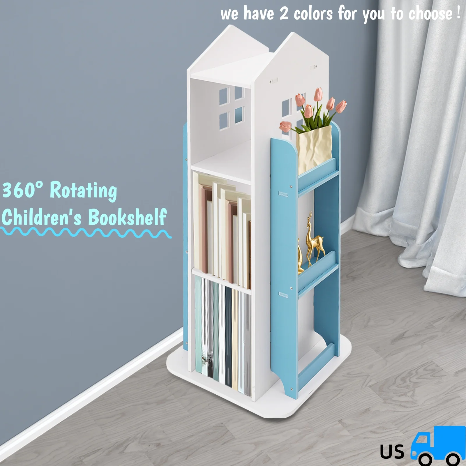 

Kids 360° Rotating Bookshelf Castle Design Storage Organizer Blue White/Nordic White Children's Bookshelf Eco Friendly