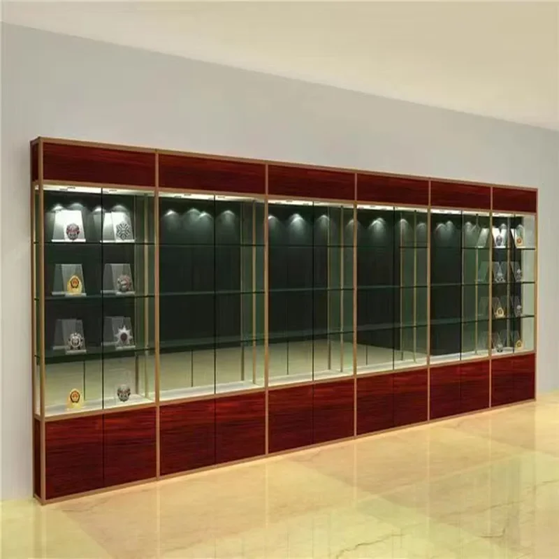 for Gold Plus Red Wood Grain Aluminum Alloy Glass Sample Display Case Craft Gift Car Digital Product Showcase Stand