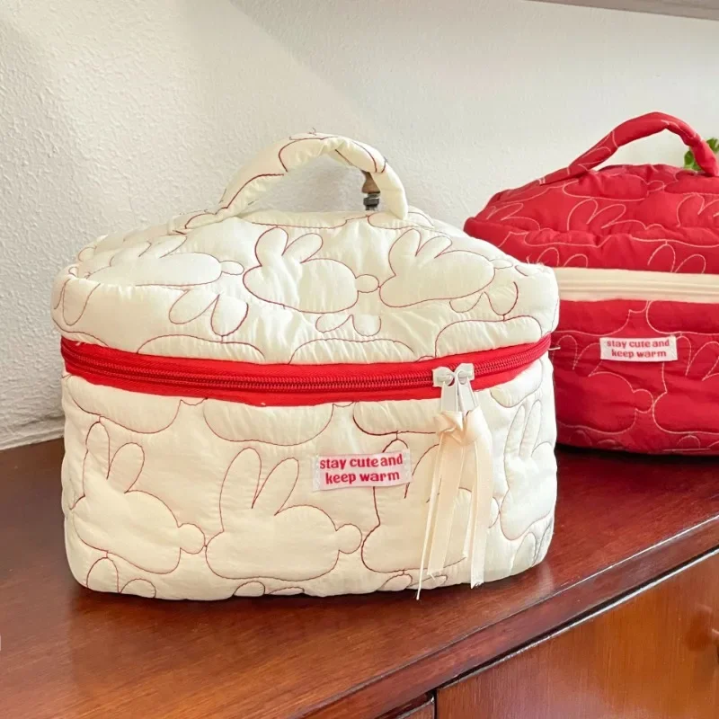 Cute Travel Storage Pouch Organizer for Women Handbag Large Capacity Zipper Makeup Bags Rabbit Quilted Cotton Cosmetic Cases