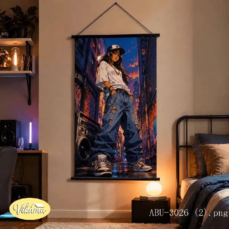 VIKAMA Street Style Girl Tapestry Baseball Cap Neon City Alley Retro Anime Art Polyester Wall Hanging Bedroom Dorm Home Decor