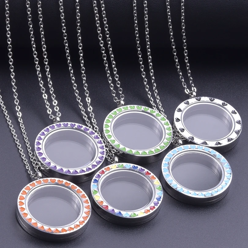 Stainless Steel Necklaces for Women Heart Drop Oil Colorful Glass Floating Locket Pendant Photo Relicario Steel Chain Jewelry