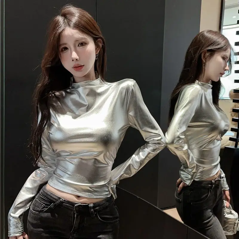 

Y2k Chic Autumn Patent Leather Silver T-shirt Women's Clothing Slim PU Leather Tops Turtleneck Sexy Streetwear Long Sleeve Tees