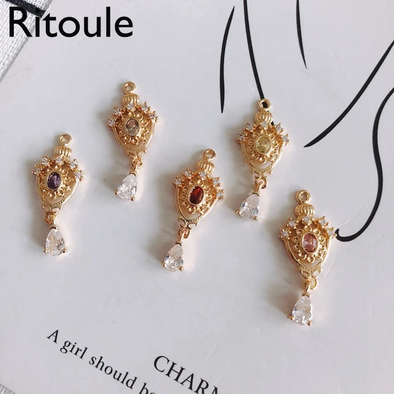 4pcsDIY jewelry accessories copper-plated real gold micro-inlaid zircon exquisite crown hollow water drop pendant