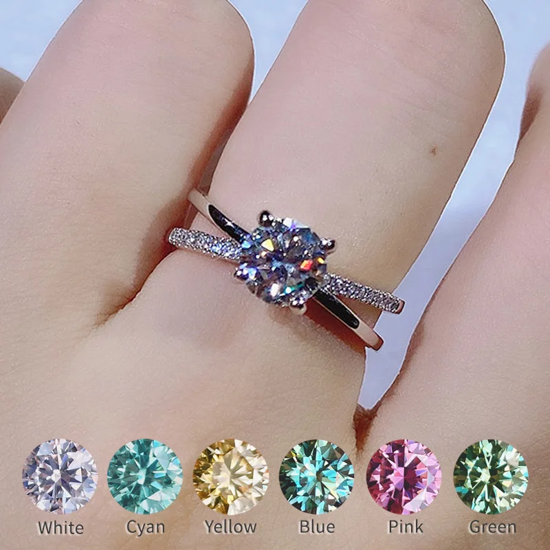 

Luxury 1CT Moissanite Ring For Women Blue Green Pink Red Yellow 6.5mm DF Color VVS Diamond 18K White Gold Plated S925 Silver