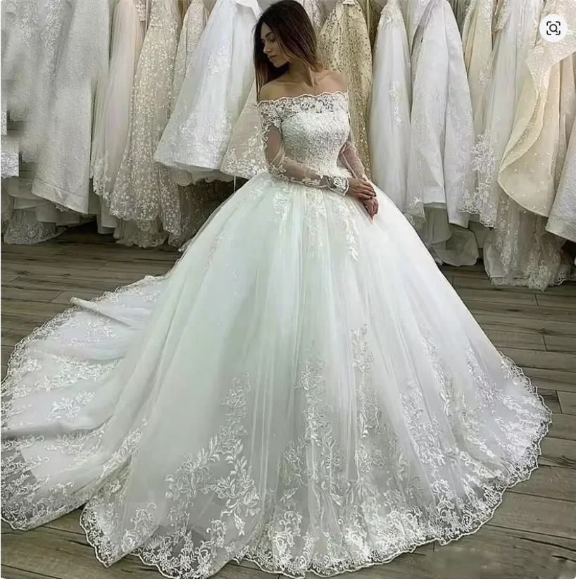 

White Long Sleeve Lace Wedding Dresses Customized Bridal Dress Vestidos De Novia Luxurious Wedding Dress