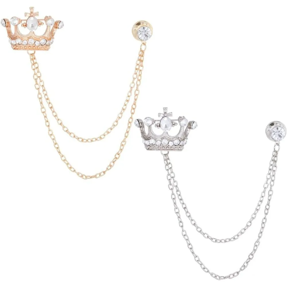 

2Pcs Cross Crown Long Chain Brooch Rhinestone Tassel Brooch Pin Crown Hanging Chain Brooch Suit Pin Men's Suit Collar