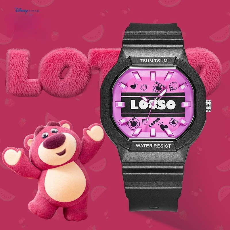 Relógio eletrônico de quartzo rosa da série Disney Joint Strawberry Bear genuíno