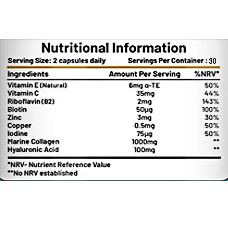 تحتوي الكولاجين البحري 1100 مللي جرام من حمض الهيالورونيك، بالإضافة إلى حمض الهيالورونيك والفيتامينات C، E، B2، والنحاس والزنك، والأيود #4