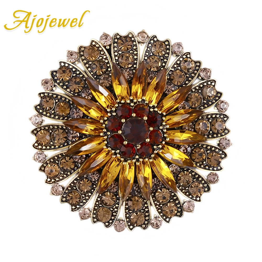 Broche Vintage Ajojewel de Cristal Dourado em Formato de Girassol, Joia de Luxo, Presente, Alfinete Robusto para Cardigã e Terno