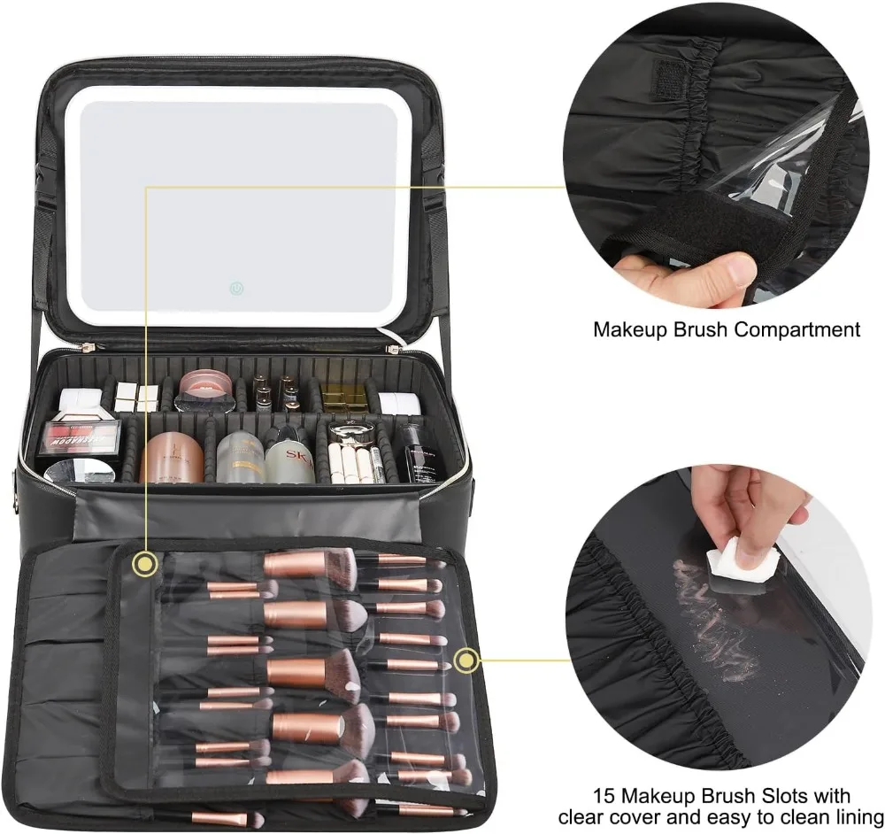 16.2" LED Makeup Case with 3-Color Lighted Mirror, Adjustable Dividers, USB Rechargeable, Travel Cosmetic Organizer for Artists view 5