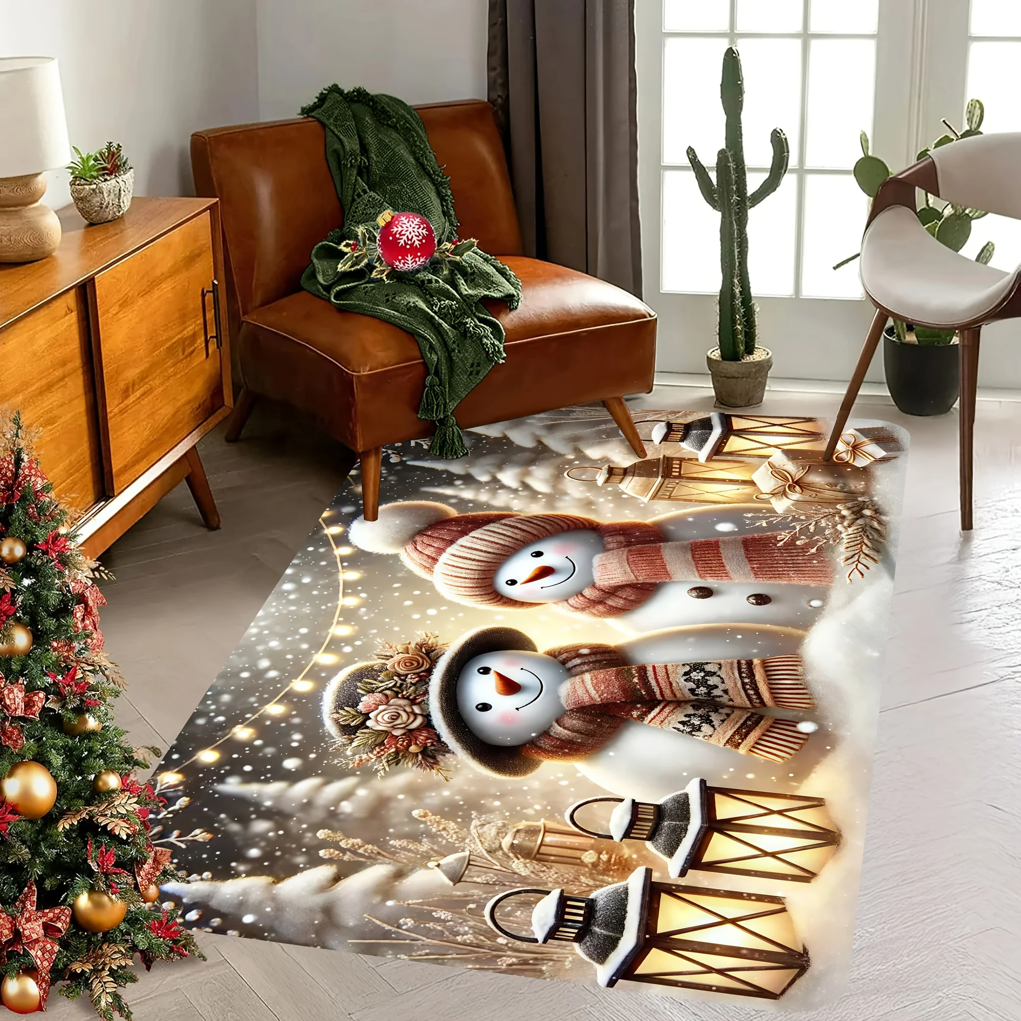 Christmas Snowman and Gift Box Printed Rug, Washable Decor Mat for Living Room, Bedroom, Entryway, Large Dining Room