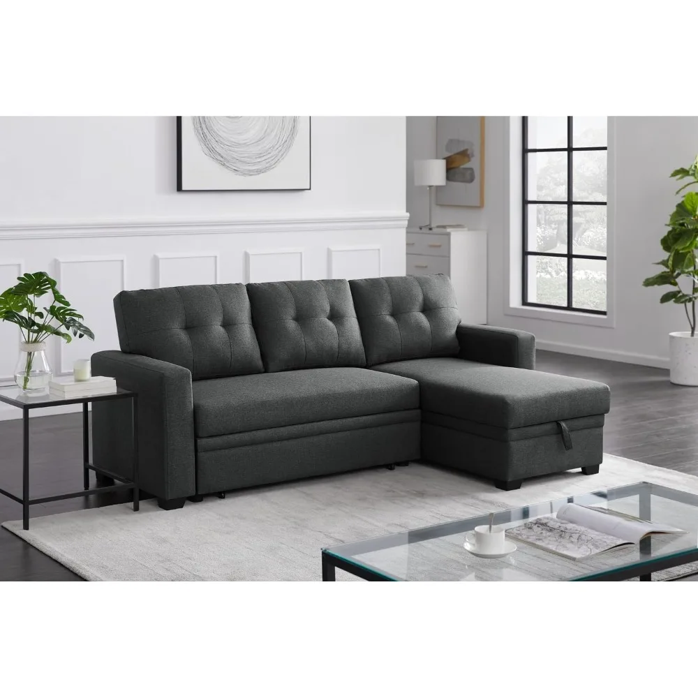 

L-Shaped Polyester Fabric Reversible,Easy Convertible Pull-Out Storage Chaise Tufted Back Cushions and Track Arms in Dark Gray