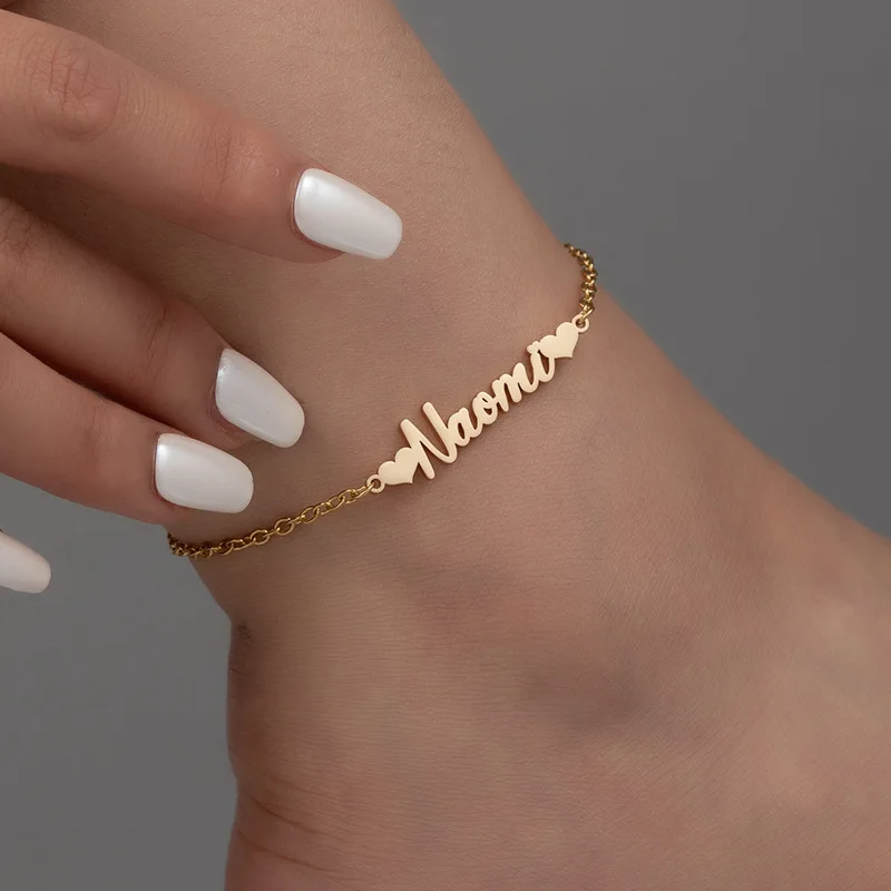 New Stainless Steel PVD Plated Cut Heart-shaped Letter Anklet Personalized Customization English Name Chain Feet