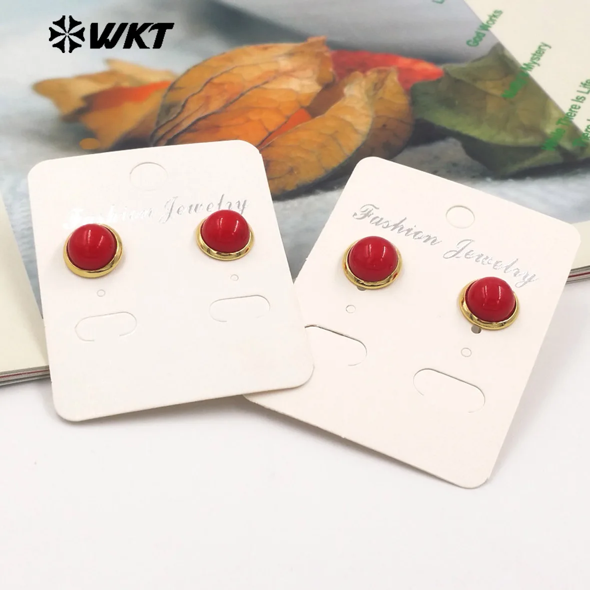 WT-MPE132 Natural Red Coral Round Shape With 18k Gold Plated Beautiful Simple Earring Finding For Women Daily ACC