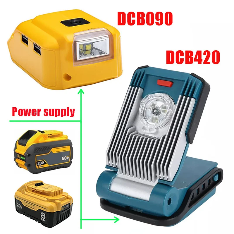 

DCB090 Adapter LED Light Working Lamp USB Mobile Phone Charger DC 12V For Dewalt 14.4V 18V Li-ion Battery DCB140 DCB183 DCB203