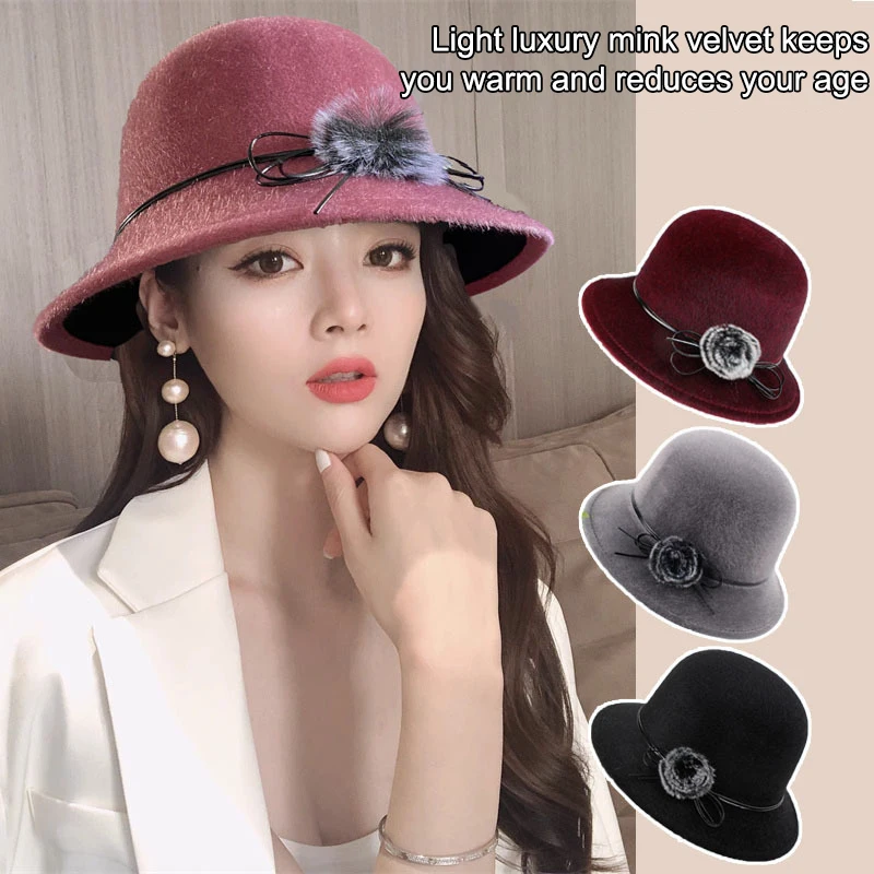 Women Winter Hat Elegant Windproof Flower Embellished Basin Hat Ultra-Thick Keep Warm Autumn Winter Imitation Fur Hat Basin Caps