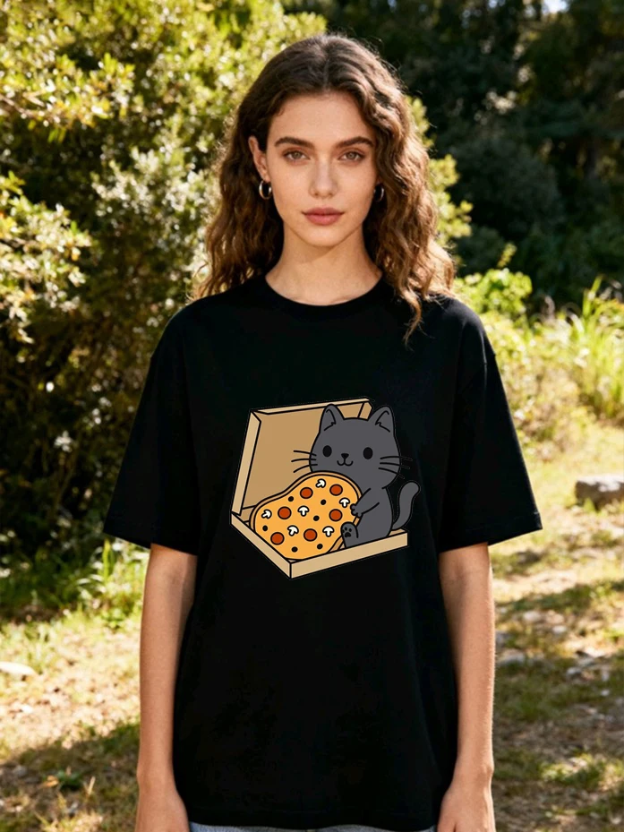 Summer Pure Cotton Short Sleeved Unisex Cartoon Greedy Orange Cat Eating Pizza Printed Loose Round Neck Casual T-shirt