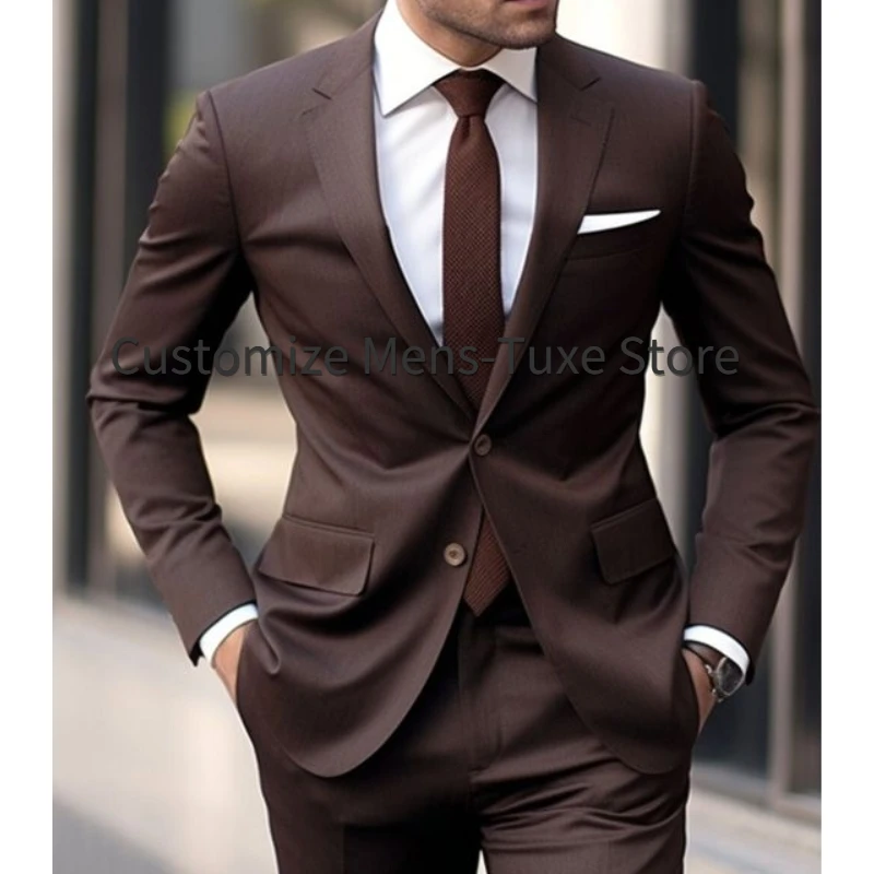 Brown 2 Pieces Set Men Suits Notched Lapel Two Buttons Male Suits Blazer Pants Best Men Groom Tuexdos For Wedding Costume Homme