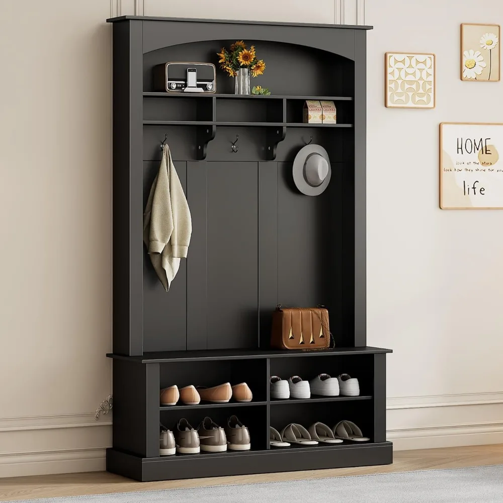 

47.2'' Wide Hall Tree with Bench and Shoe Storage, Multi-Functional Storage Bench with 3 Hanging Hooks & Open Storage Space, Rec