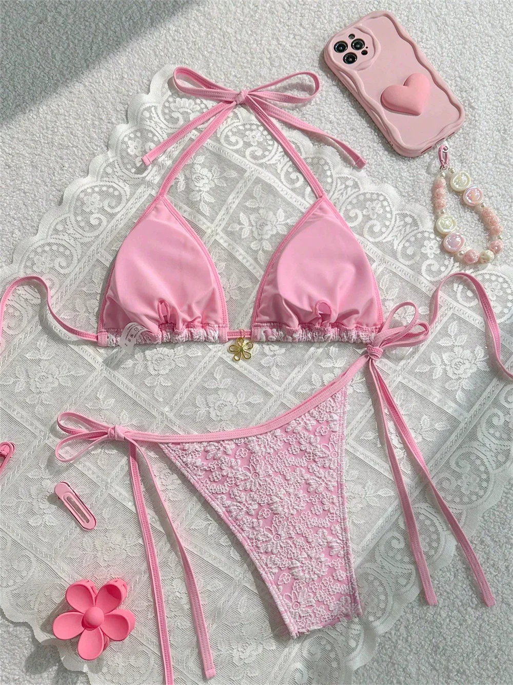 Kawaii Pink Jacquard Bikini Micro String Lace Border Backless Swimsuit Women Swimwear Thong Korean Beach Outfit Set Bathing Suit