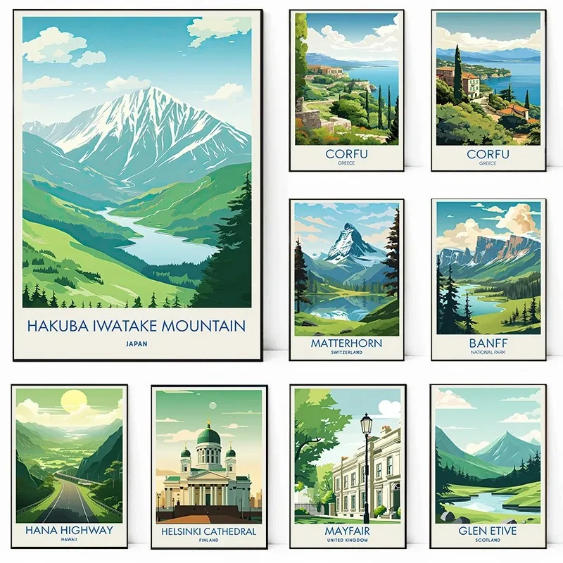 Glencoe Lochan Grossmunster Helsinki Hakuba City Travel Poster Canvas Painting Wall Art  Picture for Room Home Office Decoration