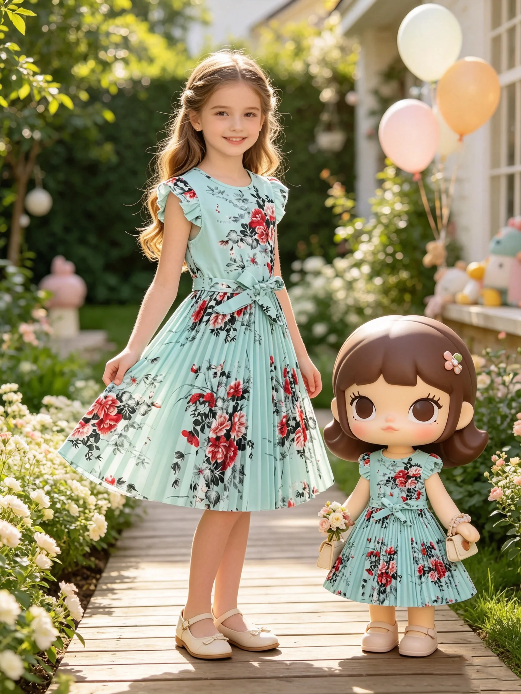Girl's retro elegant printed lotus sleeve mid length dress+belt, elegant pleated princess dress, can be used as a gift   1