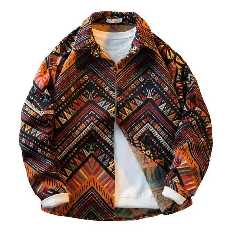 Men High Density Woven Ethnic Jacquard Shirt Retro Long Sleeve Loose Shirt Jacket Spring Autumn Casual Streetwear Male TopsA1