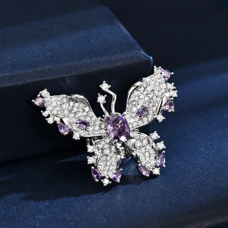 Chinese Style Auspicious Butterfly Brooch Purple Zircon Magnetic Buckle Elegant Fairy Dress Lucky Fortune Jewelry Gift For Women