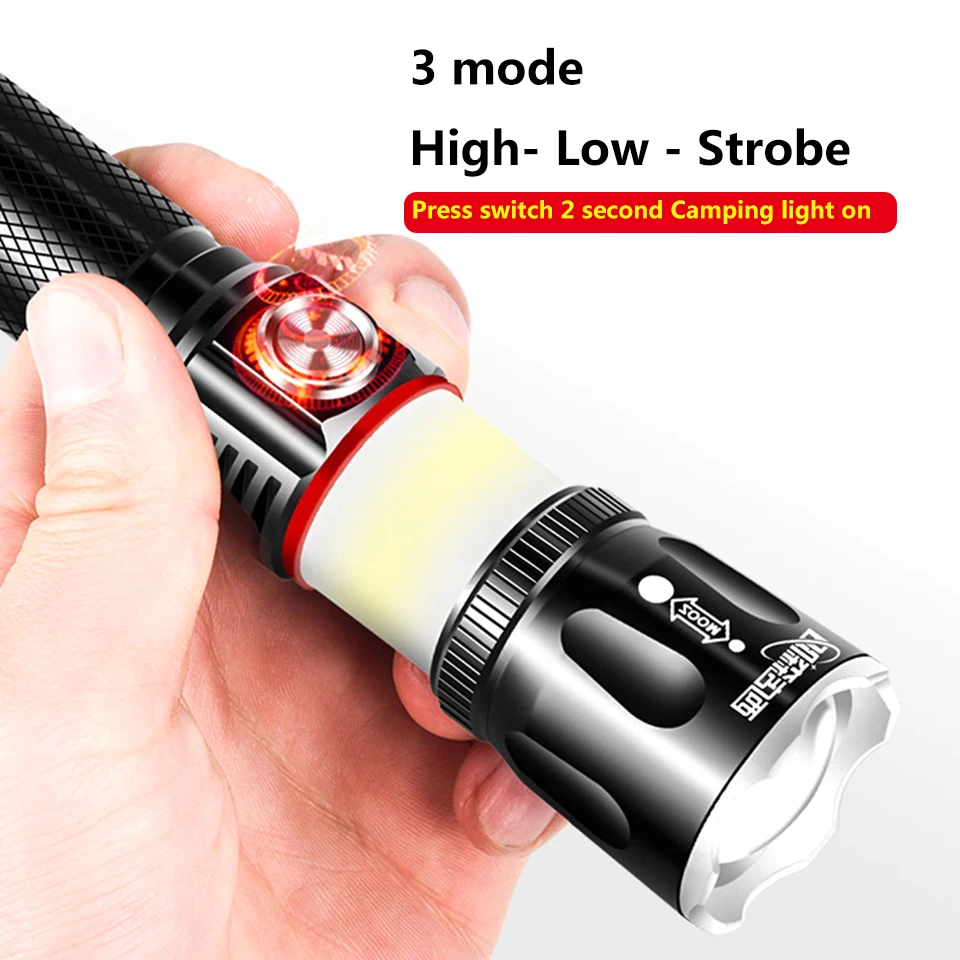 High Quality XM-L2 U3 & COB Led Flashlight Torch Aluminum Alloy 18650 Battery Zoomable Lantern for Camping Hiking