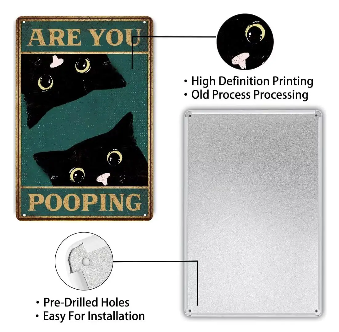 Vintage Bathroom Black Cat Wall Art Signs Are You Pooping Metal Tin Sign Funny Wall Art Decor for Living Room Bathroom Poster De