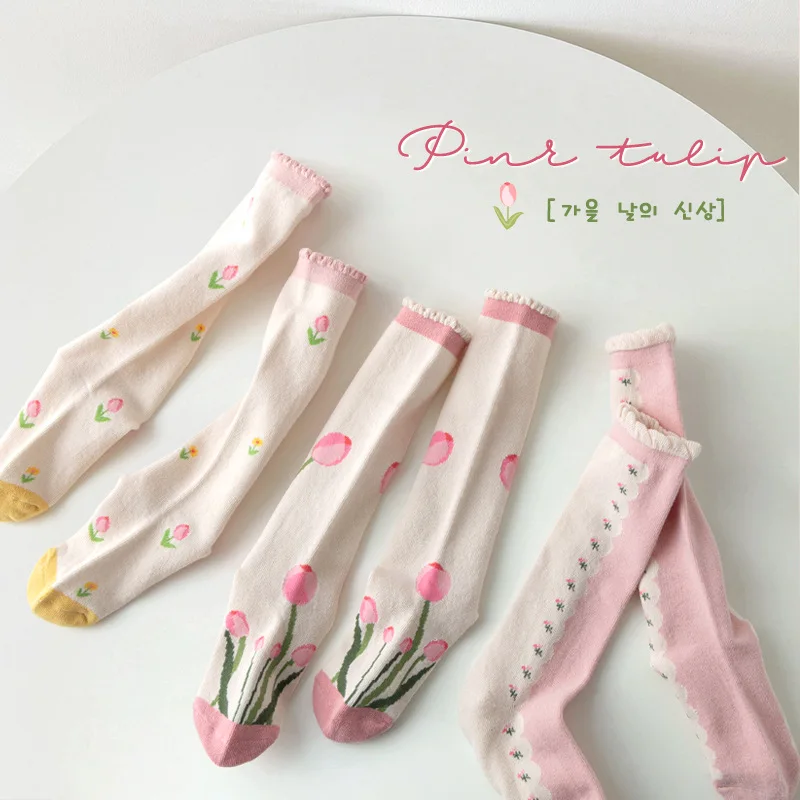 Little Girls Socks  Long Socks Pink Fancy Lace Hose Baby Infant Long Calf Length Cotton Socks Children Spring Autumn