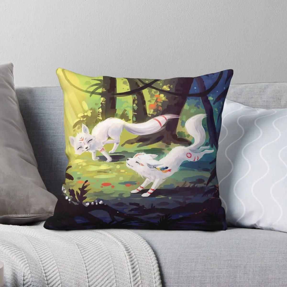 Cute Foxs Forest Follow Me Square Pillowcase Polyester Linen Velvet Pattern Zip Decorative Car Cushion Cover