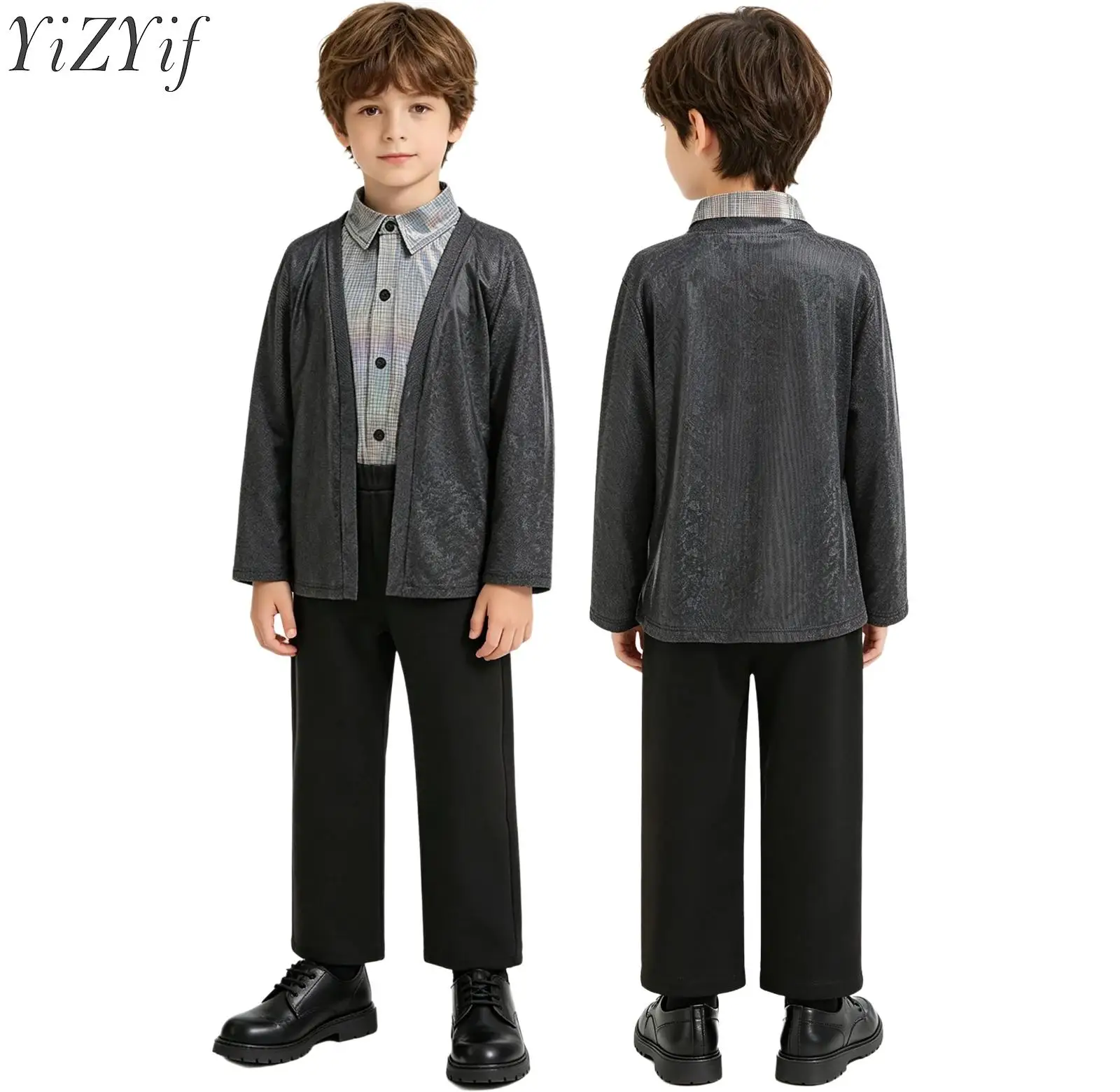 Boys Disco 3 Pieces Dance Outfit Roleplay Performance Cosplay Costumes Long Sleeve Shirt Top Outwear and Long Pants Party Sets
