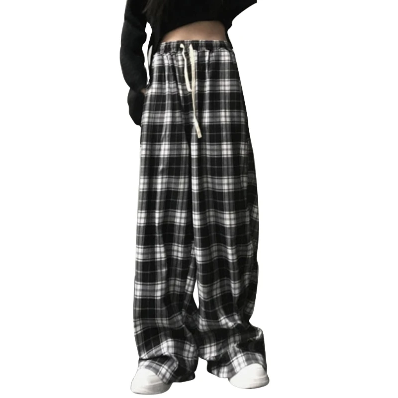 Harajuku Black and White Plaid Baggy Loose Trousers Women Summer Casual High Waist Wide Leg Oversized Pants Drop Shipping