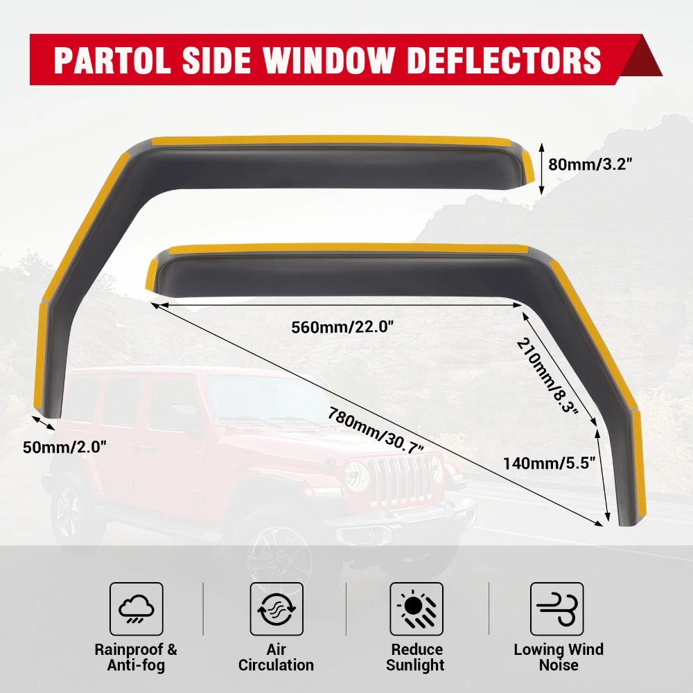 2Pcs Side Window Visor Ventilation Guard Waterproof Rain Awnings Shelters Deflector for Jeep Wrangler JK 2007-2017 2Doors