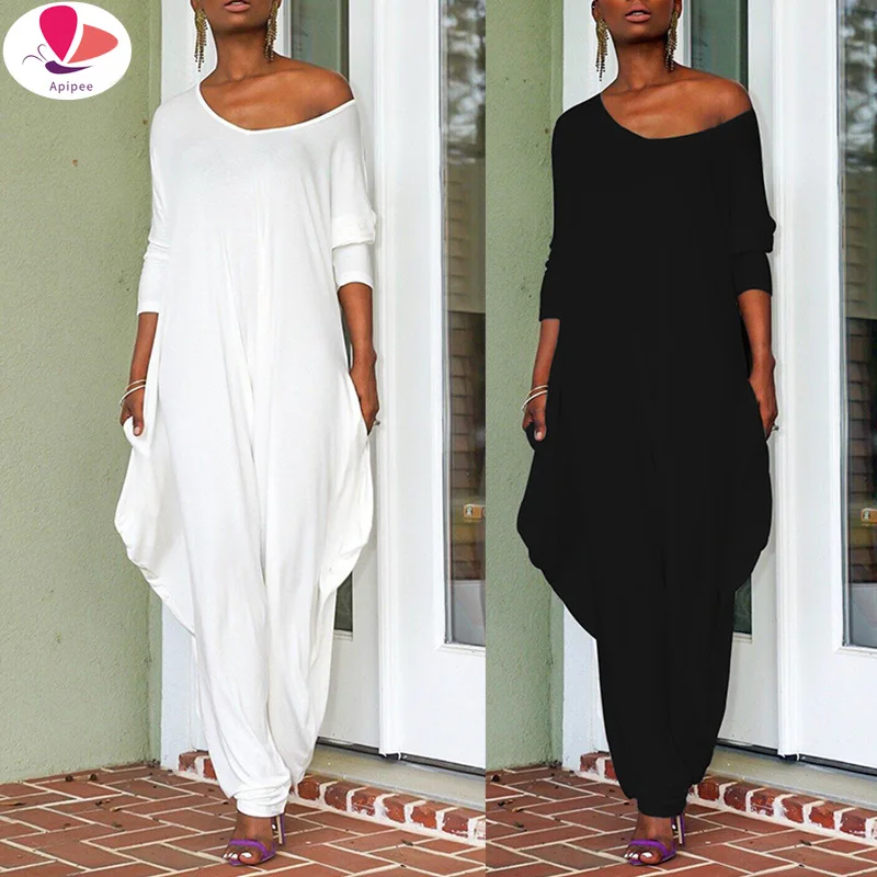 

Summer Spring Autumn Black/White Casual Ladies Loosed Jumpsuits Sexy Off Shoulder Slash Neck Jumpsuits