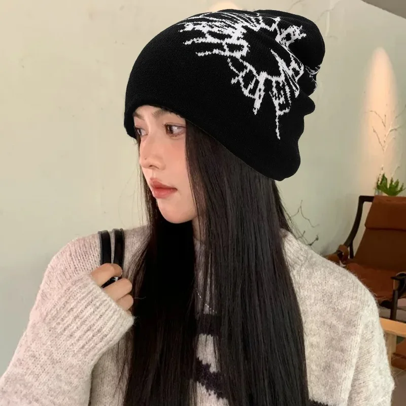 Y2K محبوك طباعة بيني الخريف يندبروف للنساء الرجال القوطية كسر النوافذ نمط التزلج في الهواء الطلق الدفء الهيب هوب قبعة باردة