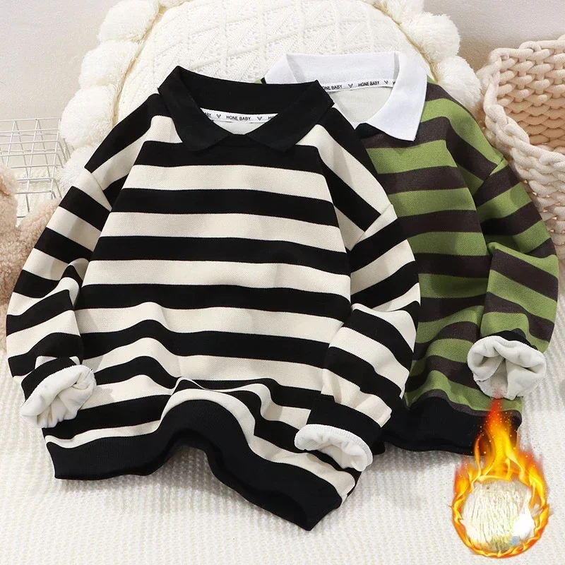 Baby Boys Sweatshirt Kids Striped Hoodies Polo Collar Pullover 2024 Fall Winter 1 To 12Yrs Children\'s Casual Clothing