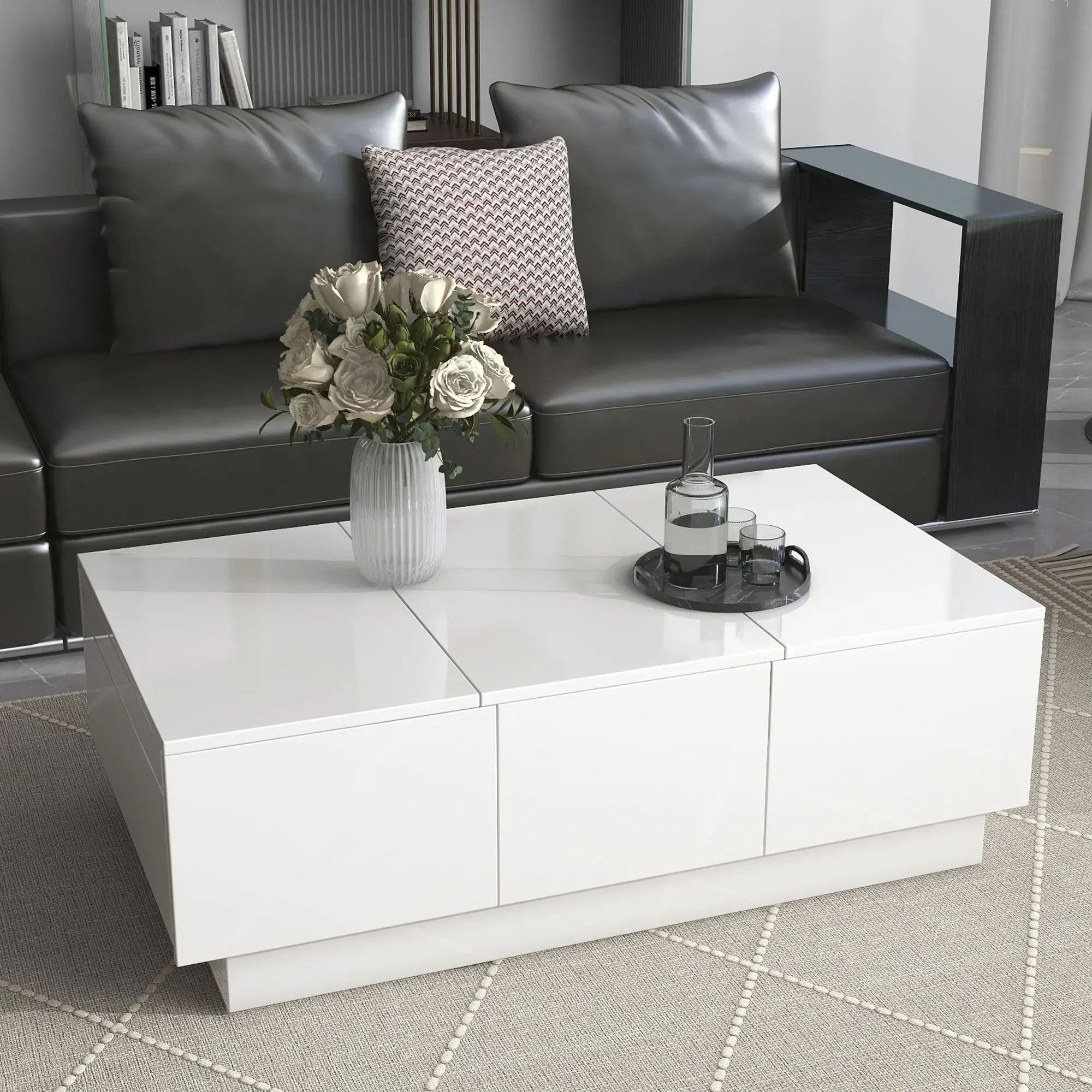 Coffee Table,with2 Large Hidden Storage Compartment,Extendable Cocktail Table with2 Drawers,High-gloss Center Table Sliding Top